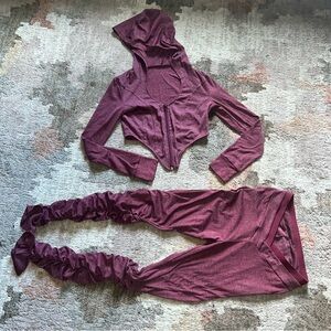 Burgundy Wine Red 2 Pc Cropped Hoodie Leggings Ruched Zip Womens Size S
